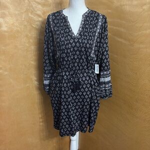 NWT Old Navy Black LS Swing Print Dress With Tassle Belt Size XS Oversized